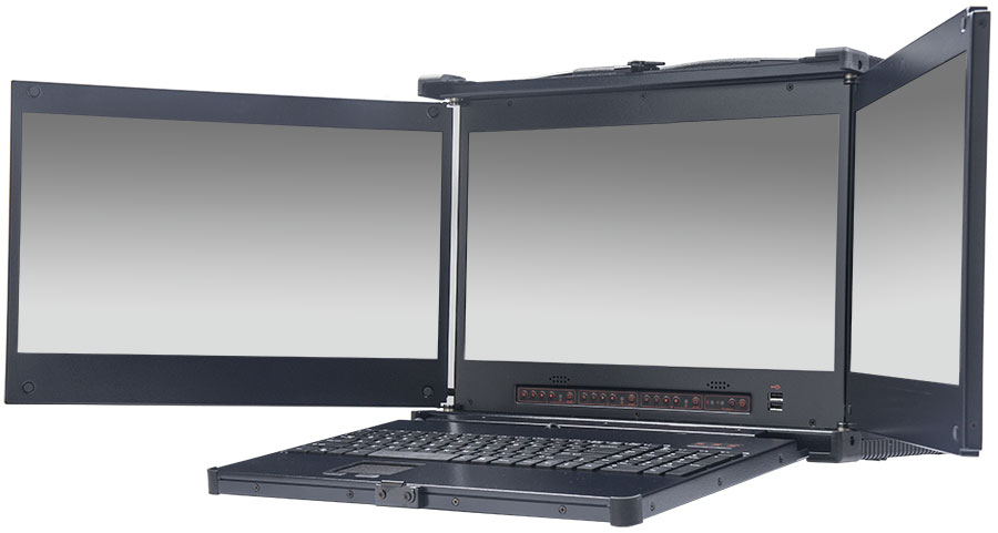 MPC-1730 triple screen portable workstation. Rugged portable computer with multiple LCD. Data acquisition, sales presentation, e-discovery, digital forensics, forensics computer applications.