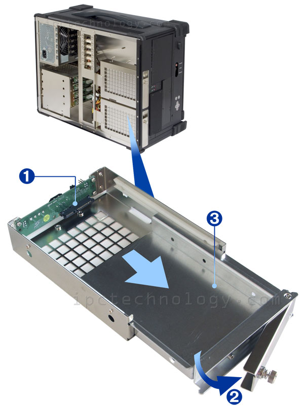 rugged lunchbox portable workstation MPC-3900 with dual processor, 20 inch UXGA LCD screen; detail view of drive cradle