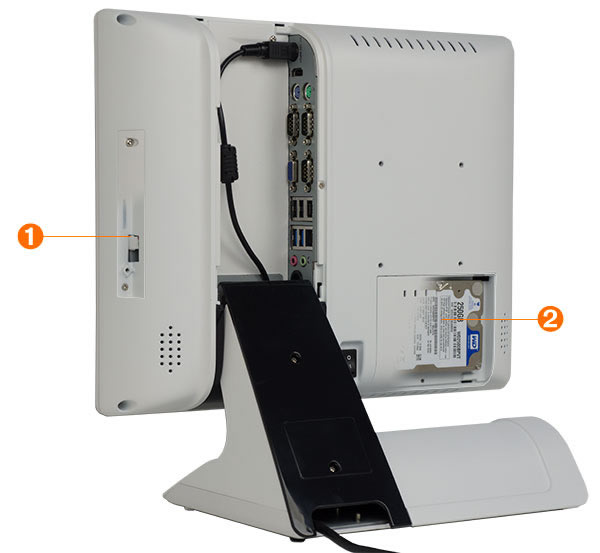 Helios POS computer terminal with tilt stand and VESA mountable. Its flush front bezel is liquid and dust resistant up to IP65 rating.
