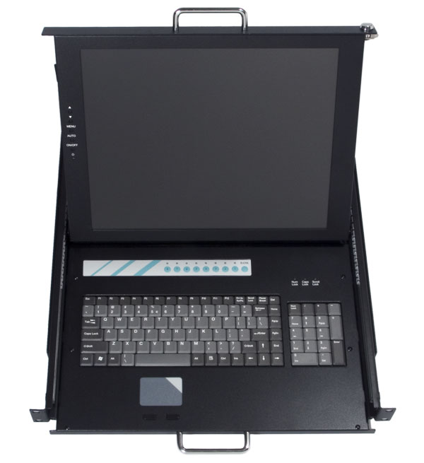 dual rail keyboard video mouse switch DMK580 with LCD monitor keyboard drawer keyboard and KVM control buttons