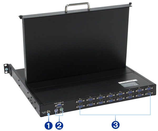 rack console with 16 port console switch and 17 inch widescreen LCD monitor back side view