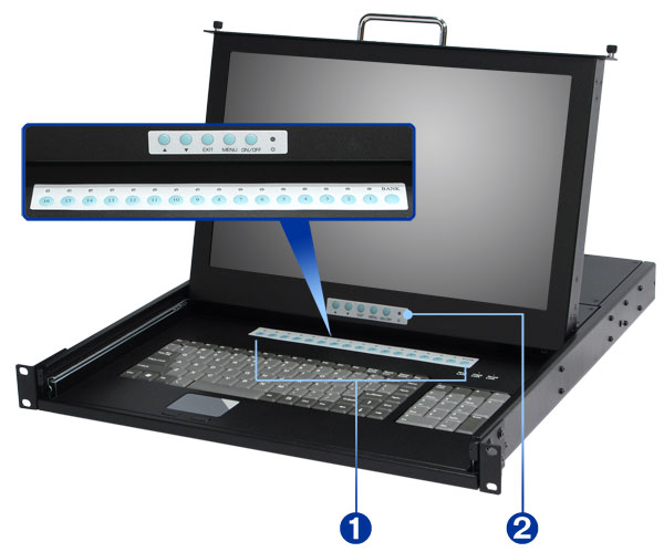 rack console with 16 port console switch and 17 inch widescreen LCD monitor